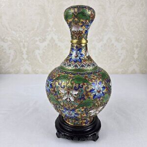 Vintage Chinese Cloisonne Orchid Garlic Head Enameled Brass Vase Colorful